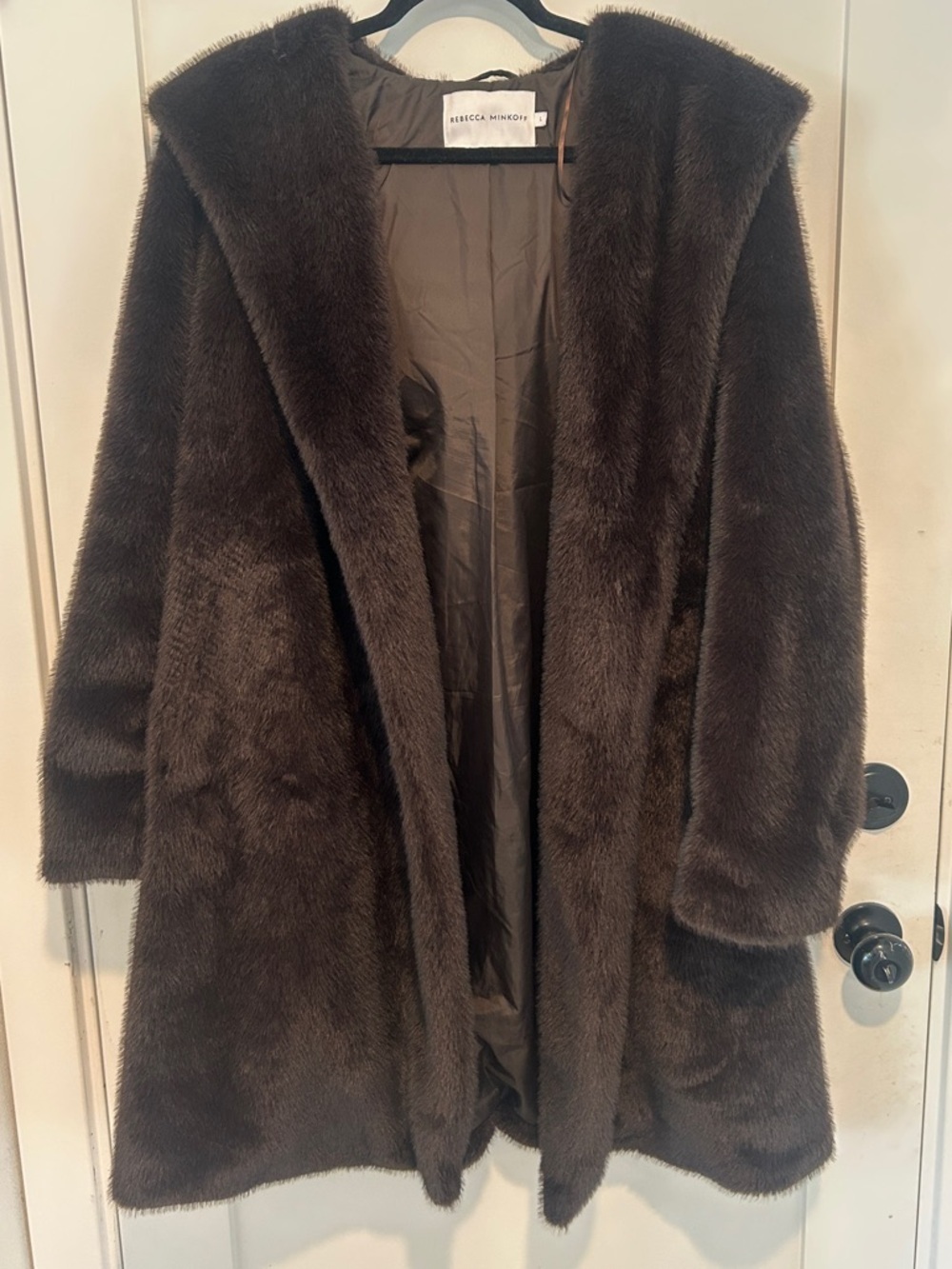 Rebecca Minkoff faux fur coat w/ hood in dark brown. Size large missing belt - Picture 2 of 6